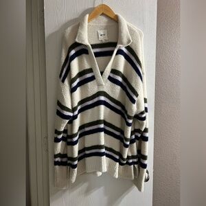 Aerie Striped Fuzzy Super Soft Split Neck Oversized Sweater Women Sz M